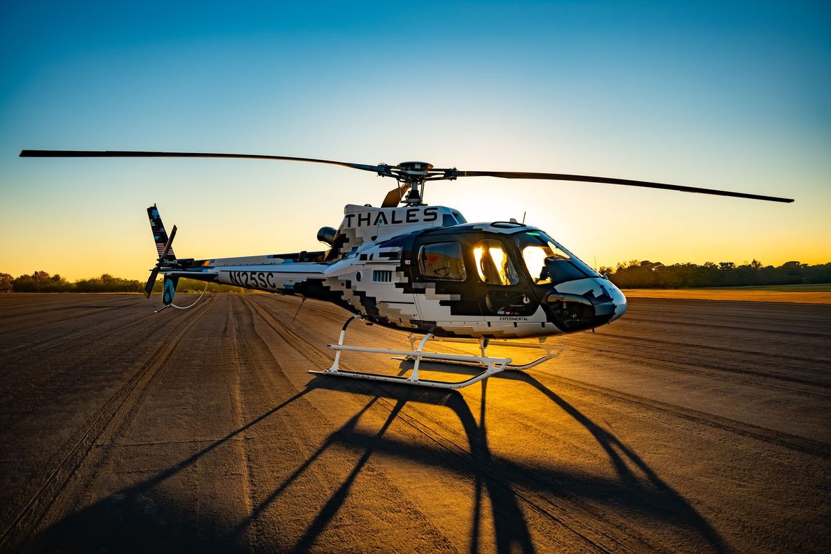 Airbus H125 helicopter at sunset, equipped with the StableLight 4-axis autopilot